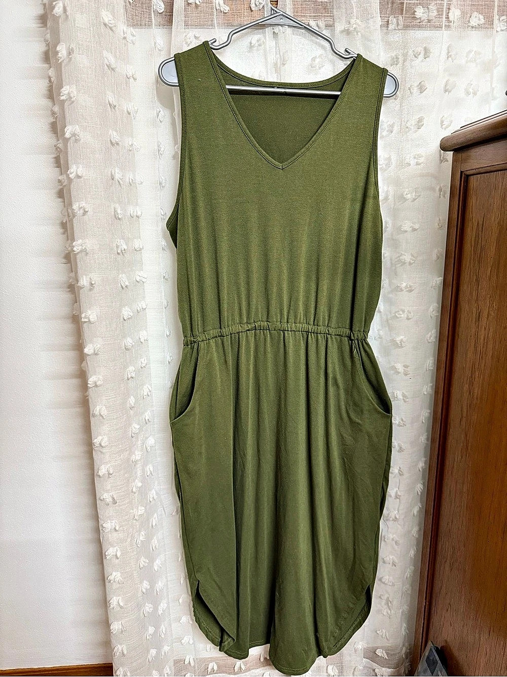 Women’s XL Olive Green Cinch Waist Dress with Pockets